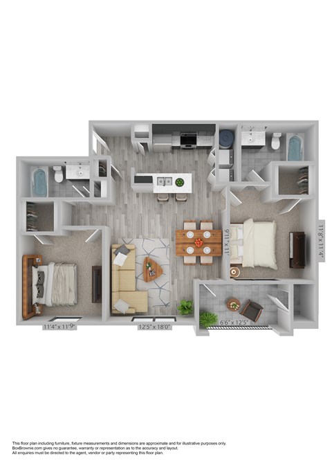 Floor plan for 2 beds, 2 baths, 990 sqft
